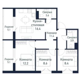 3-комн.кв., 64 м², этаж 5