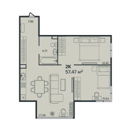 2-комн.кв., 57 м², этаж 2