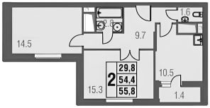 2-комн.кв., 57 м², этаж 16