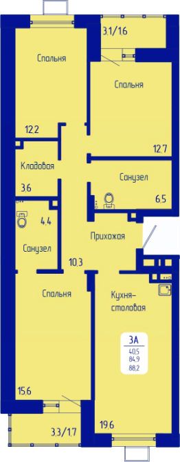 3-комн.кв., 88 м², этаж 3