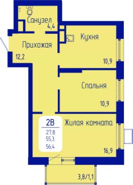 2-комн.кв., 56 м², этаж 2