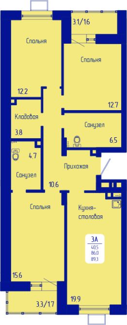 3-комн.кв., 89 м², этаж 2