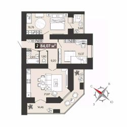 2-комн.кв., 84 м², этаж 2