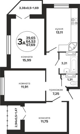 3-комн.кв., 68 м², этаж 19