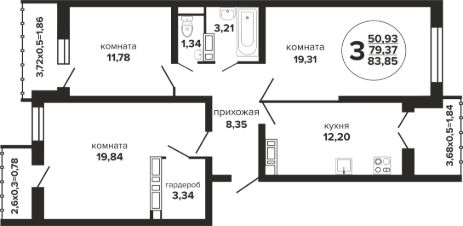 3-комн.кв., 84 м², этаж 21