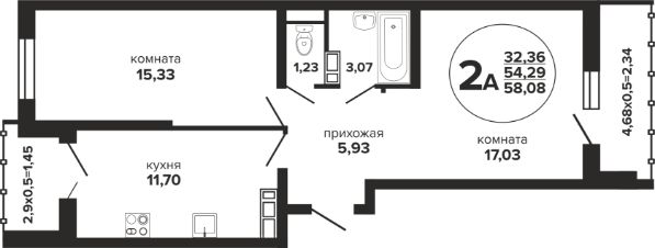 2-комн.кв., 58 м², этаж 19