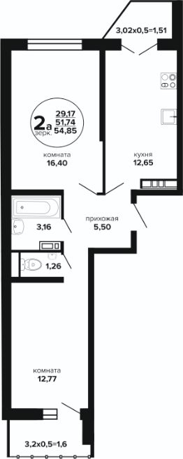 2-комн.кв., 55 м², этаж 10