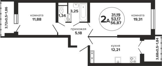 2-комн.кв., 57 м², этаж 13