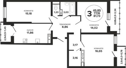 3-комн.кв., 82 м², этаж 23