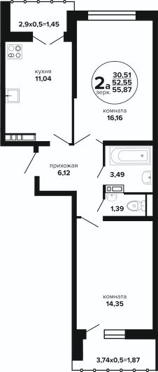 2-комн.кв., 56 м², этаж 3