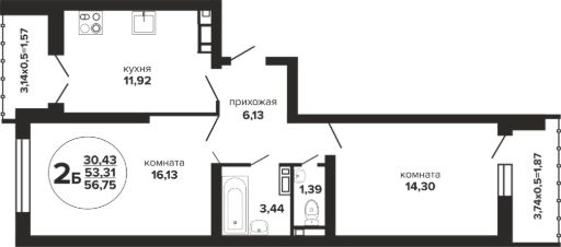 2-комн.кв., 57 м², этаж 4