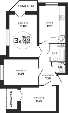 3-комн.кв., 68 м², этаж 13