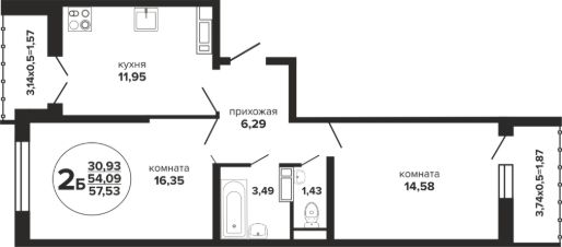 2-комн.кв., 58 м², этаж 22