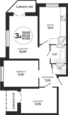 3-комн.кв., 68 м², этаж 24