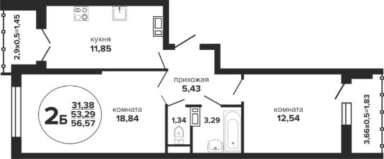 2-комн.кв., 57 м², этаж 22