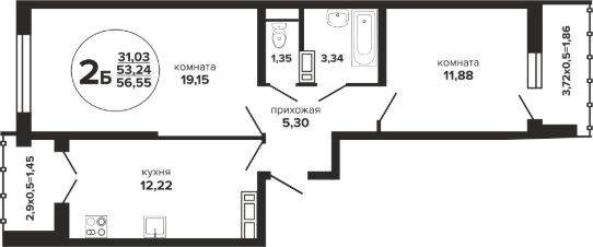 2-комн.кв., 57 м², этаж 12