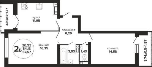 2-комн.кв., 58 м², этаж 9