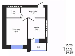 1-комн.кв., 39 м², этаж 4