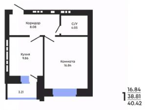 1-комн.кв., 40 м², этаж 3