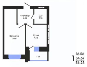 1-комн.кв., 36 м², этаж 6