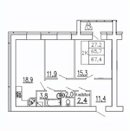 2-комн.кв., 67 м², этаж 1