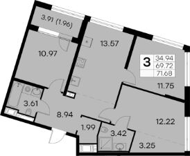 3-комн.кв., 72 м², этаж 8