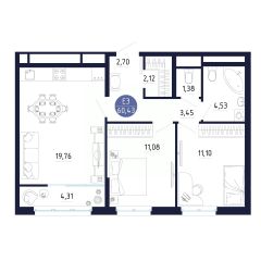 2-комн.кв., 60 м², этаж 9