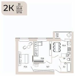 2-комн.кв., 58 м², этаж 8