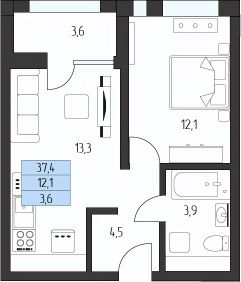 1-комн.кв., 37 м², этаж 1