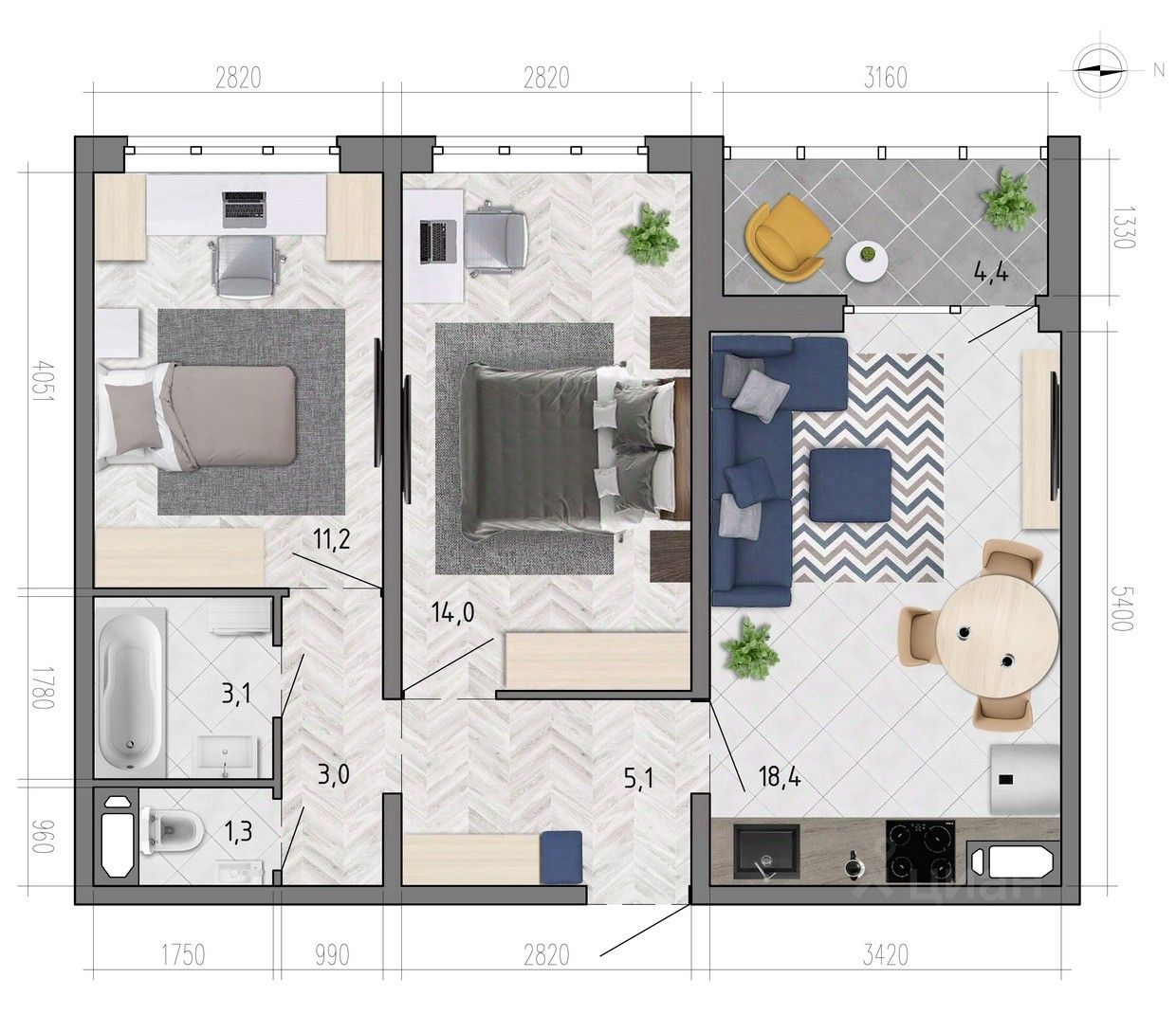 Купить двухкомнатную квартиру 58м² ул. Федора Тютчева, 105, Воронеж,  Воронежская область - база ЦИАН, объявление 299063538