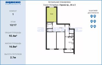 комната 92/17 м², этаж 12