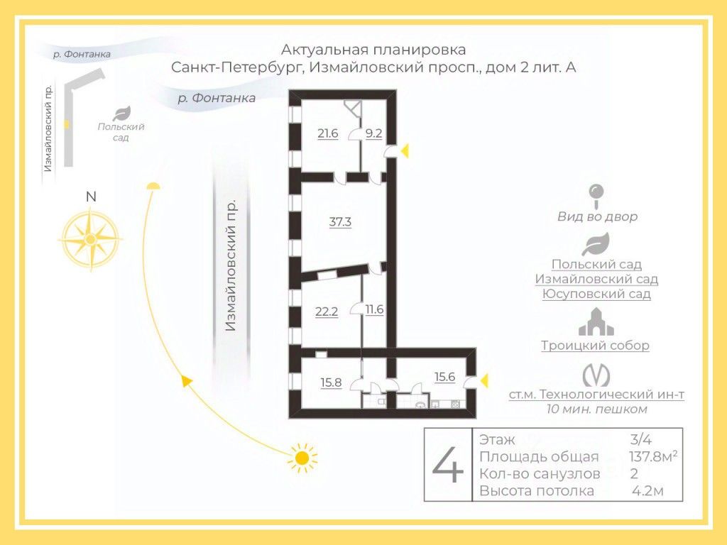 Продажа четырехкомнатной квартиры 137,8м² Измайловский просп., 2, Санкт- Петербург, м. Технологический институт - база ЦИАН, объявление 299137102