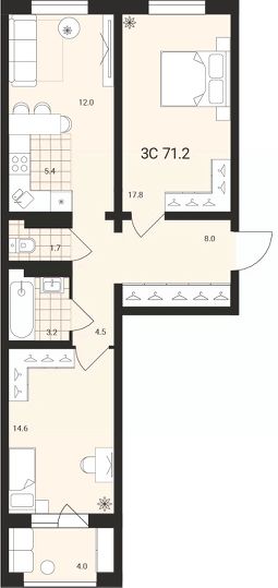 3-комн.кв., 71 м², этаж 3