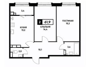 2-комн.кв., 62 м², этаж 14