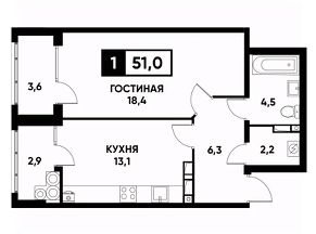 1-комн.кв., 51 м², этаж 13