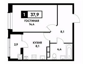 1-комн.кв., 38 м², этаж 9