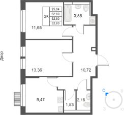2-комн.кв., 53 м², этаж 2