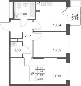 2-комн.кв., 52 м², этаж 3