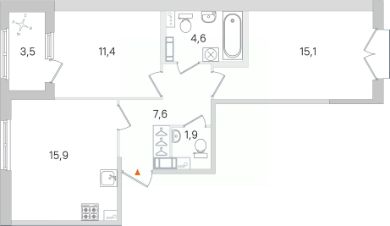 2-комн.кв., 58 м², этаж 4