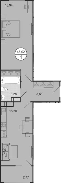 2-комн.кв., 43 м², этаж 5
