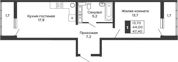 2-комн.кв., 44 м², этаж 14