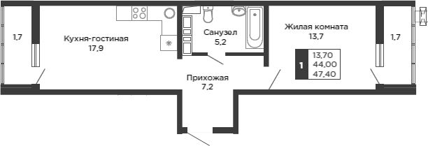 2-комн.кв., 44 м², этаж 22