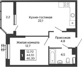 2-комн.кв., 44 м², этаж 22