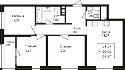 4-комн.кв., 66 м², этаж 2