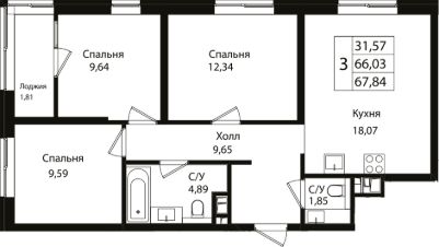 4-комн.кв., 66 м², этаж 11