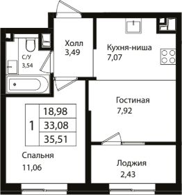 1-комн.кв., 33 м², этаж 2