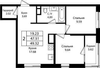 3-комн.кв., 48 м², этаж 2