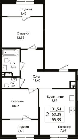 3-комн.кв., 60 м², этаж 4