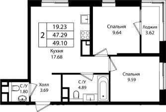 3-комн.кв., 47 м², этаж 5