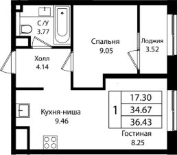 2-комн.кв., 35 м², этаж 12